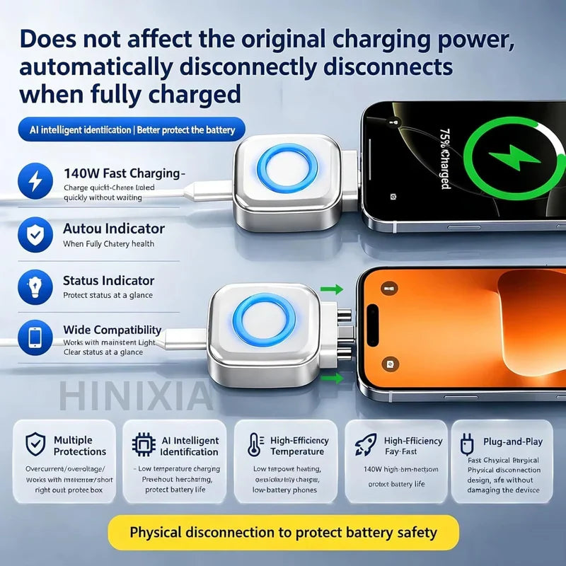 140W Ultra-Fast USB-C Charger with Dual-Channel Protection & RGB Light Ring شاحن USB-C سريع للغاية بقوة 140 واط مع حماية مزدوجة وإضاءة RGB